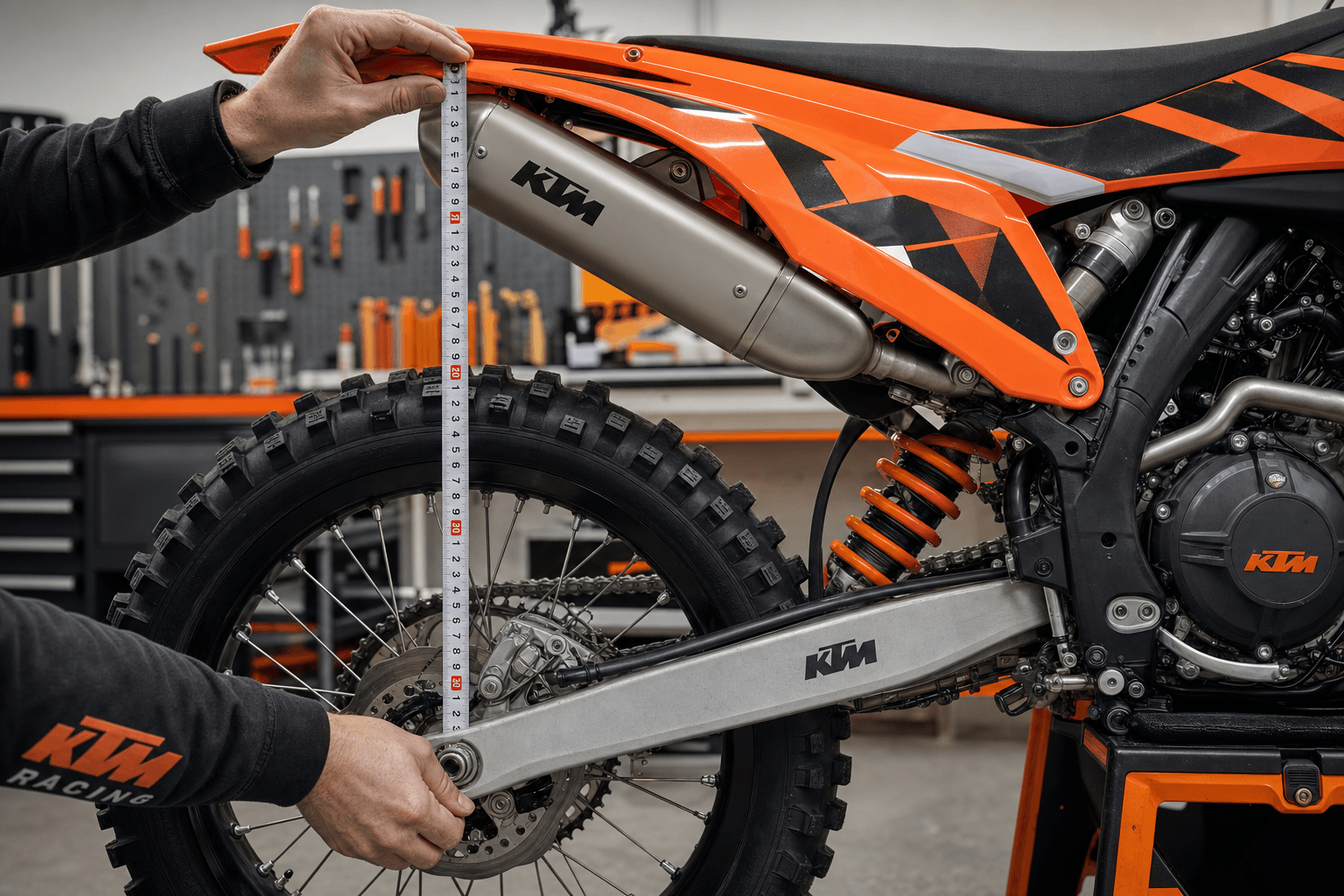 asiantuntija mittaa painumaa sag ktm moottoripyörästä